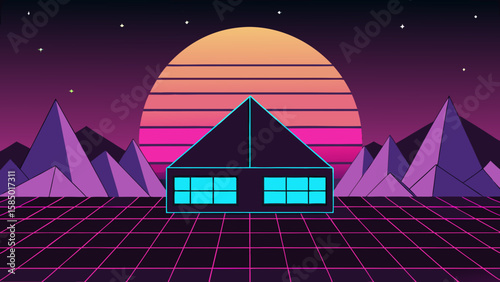Darkened houses stand silhouetted against the night sky, their windows glowing under the moon and stars, creating a cozy village landscape