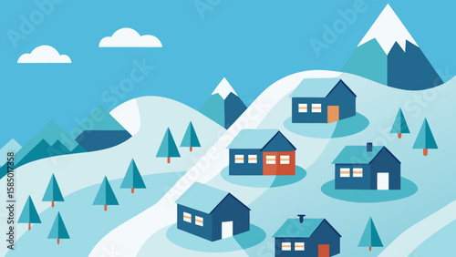 
Winter mountain residential architecture with house and building icons