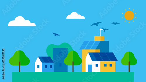 Solar panels on a suburban house roof with a summer sky and green landscape