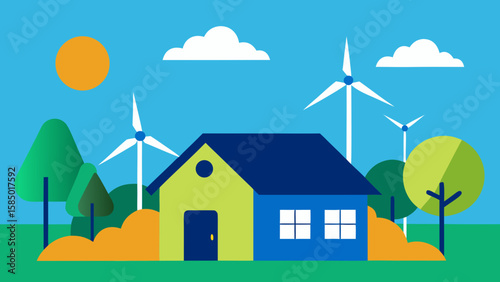 Vector illustration of a house in a green, natural landscape with a windmill for alternative energy