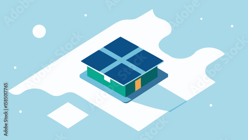 A 3D isometric model of a residential house at night, featuring architectural design for a future solar-powered home