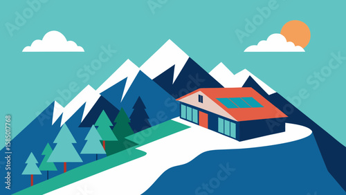 Winter mountain landscape illustration featuring a cozy house in a snowy village with trees and a clear sky