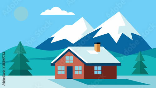 Winter mountain landscape featuring a charming house, an idyllic real estate illustration with a classic roof design, and surrounding trees