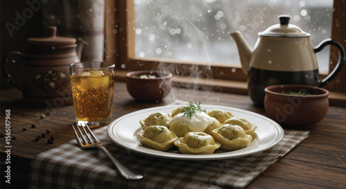 Delicious plate of pesto pasta with mushrooms and cheese on a table