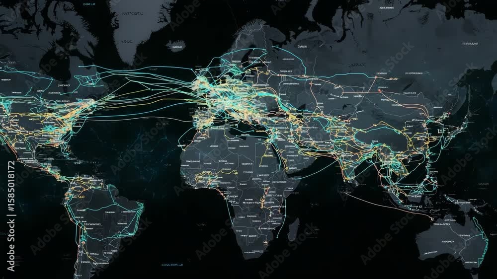 Emerging Leader Network Map VidΓ©o Stock Map of the world with many lines and dots. The lines are ...