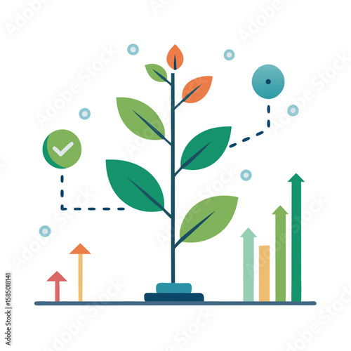 Conceptual illustration of business growth and success with a plant and upward trending graphs