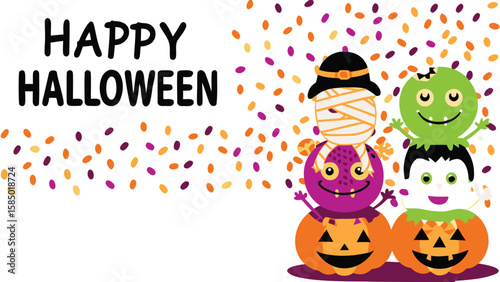 Happy halloween with stacked monsters on pumpkins and colorful confetti background design art