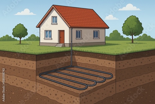 geothermal home system. Illustration of a house using an underground geothermal heating system with coils laid beneath the soil to regulate indoor temperature sustainably.