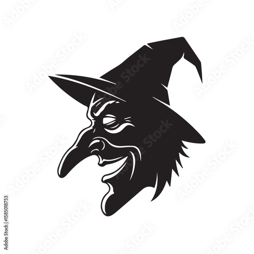 Cartoon witch portrait vector, black silhouette of a spooky woman with evil grin and crooked nose in a traditional pointed hat, designed for Halloween art, horror posters, and graphic elements.