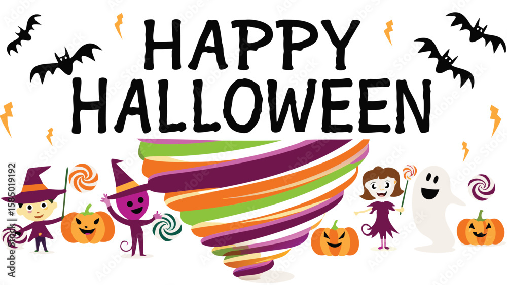 Obraz premium Happy halloween scene with bats, pumpkins, ghosts, witches and a swirling candy tornado image