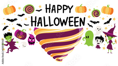 Happy halloween illustration with pumpkins, bats, ghosts, and a swirling vortex design element