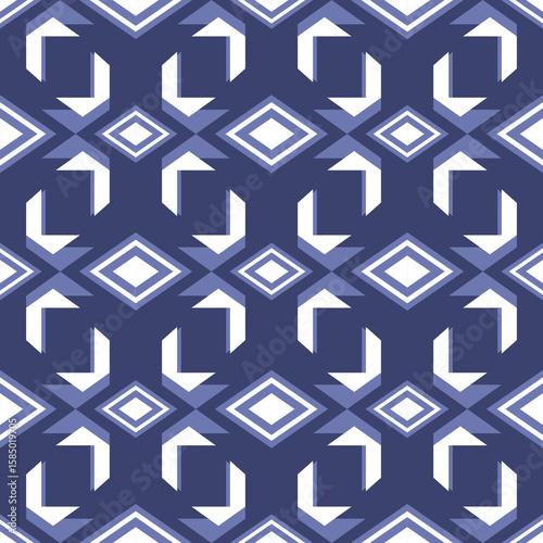 Bold Geometric Pattern of Arrows and Diamonds in White and Blue Tones on a Dark Blue Background