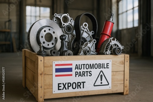 A tariff dispute can strain international trade relations. A wooden crate filled with various car components including gears, belts, and a red shock absorber in an industrial setting.