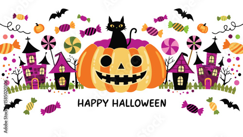 Halloween scene with pumpkin, black cat, haunted houses, bats and candies scattered around the image