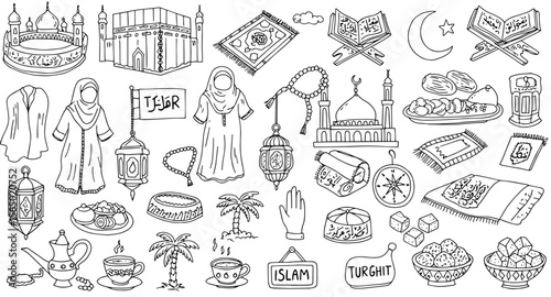 Islamic Culture  Religion Hand-drawn Doodle Collection: Symbols, Objects, Food