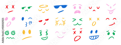 Colorful crayon emoji faces in doodle style. Hand drawn cartoon emoticons with different moods and feelings.