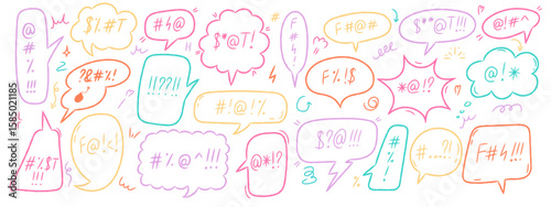 Hand drawn crayon swear speech bubbles set. Colorful doodle comic talk balloons with curse words, expletive symbols, and negative emotion. Vector illustration isolated on white background.