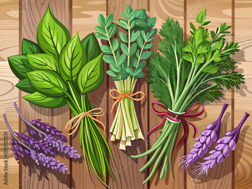A collection of bunches of each plant either separately or separated from each plant with knotted twine on a neatly arranged wooden table containing fresh herbs. Basil, sage, dill, thyme, mint, lavend