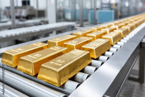 Gold bars on a conveyor belt in a factory, shiny gold bars moving along a production line.