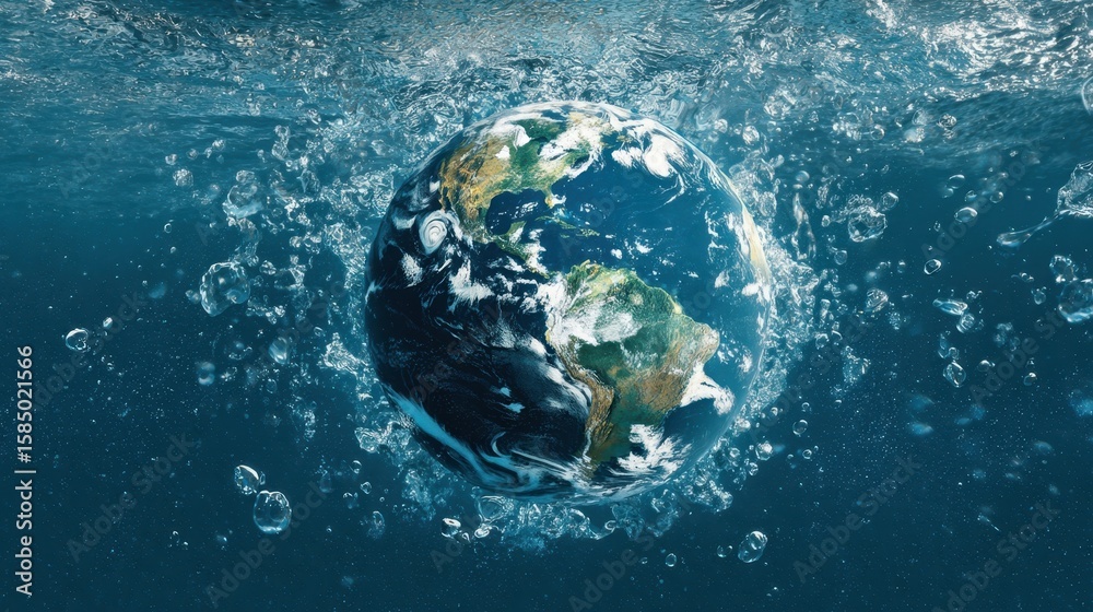 Fototapeta premium The Earth submerged in water with bubbles creating a stunning underwater view.
