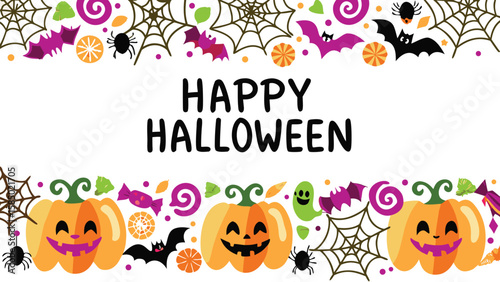 Happy halloween themed border with pumpkins bats spiders and candy decorations for festive celebration