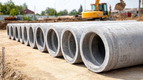 Wallpaper Mural Large concrete pipes laid out at a construction site, ready for installation in the ground, excavator in the background. Torontodigital.ca