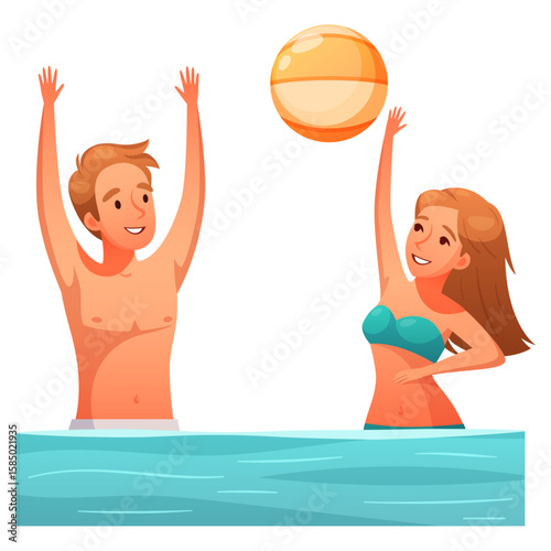 Summer Poolside Fun: A pair of friends, basking in the summer, enjoy a spirited game of catch in a refreshing pool. The image captures the essence of sun-kissed leisure and carefree summer days.