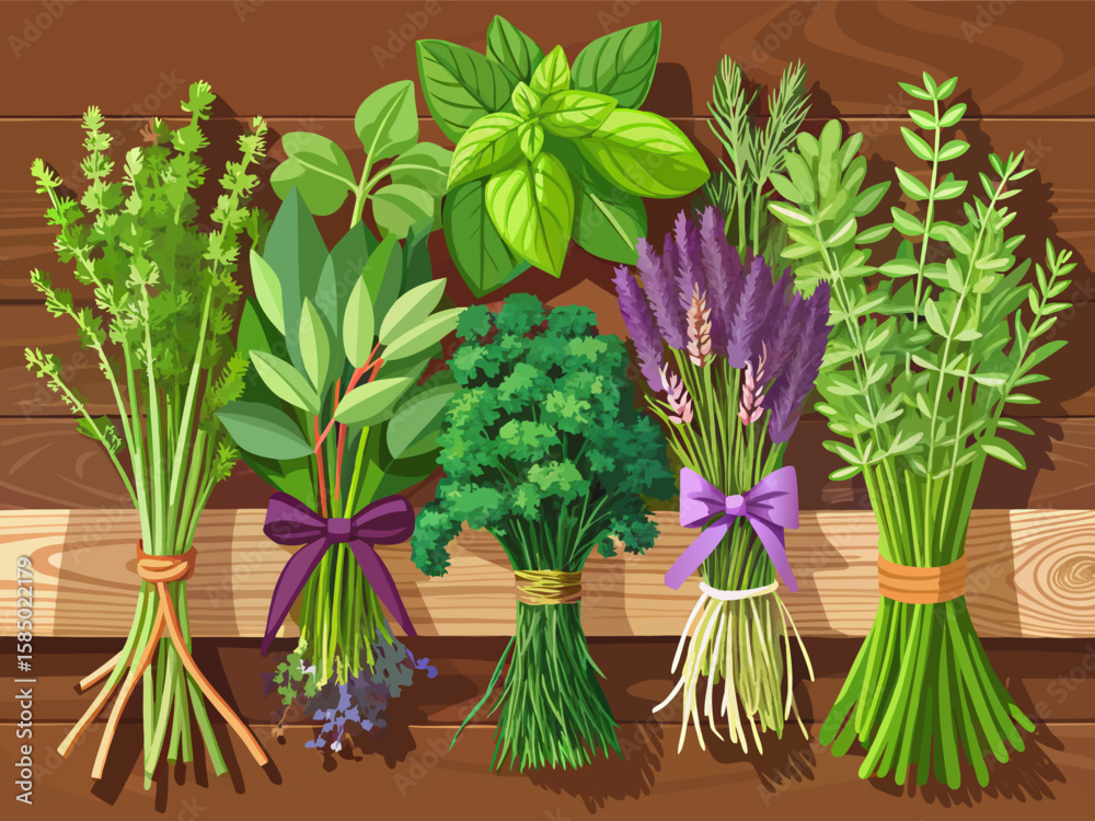 Fototapeta premium A collection of bunches of each plant either separately or separated from each plant with knotted twine on a neatly arranged wooden table containing fresh herbs. Basil, sage, dill, thyme, mint, lavend