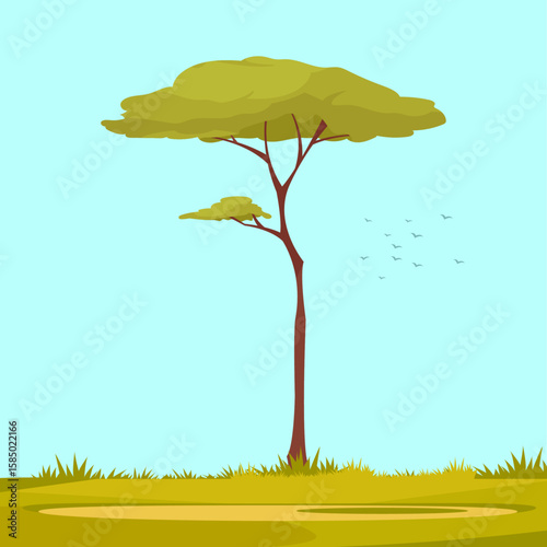 Savanna's Sentinel: A towering tree stands tall, its expansive crown offering shade, its presence a symbol of resilience amidst the African savanna's beauty, under a serene, clear sky.