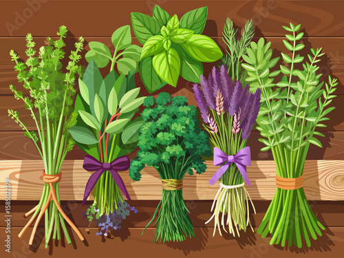 A collection of bunches of each plant either separately or separated from each plant with knotted twine on a neatly arranged wooden table containing fresh herbs. Basil, sage, dill, thyme, mint, lavend