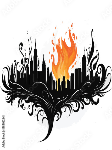 Burning City Skyline with Decorative Swirls