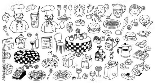 Hand-Drawn Black  White Collection of Culinary, Restaurant  Kitchen Themed Items