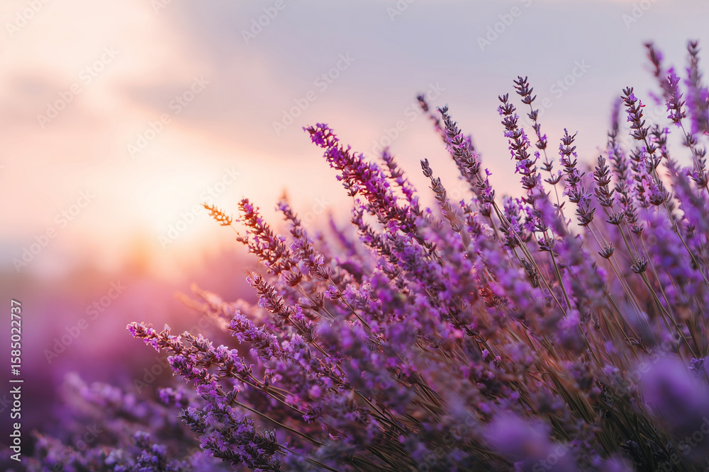 Naklejka premium Lavender Field at Sunset: Delicate lavender flowers bathed in the soft glow of a setting sun, evoking tranquility and the beauty of nature.