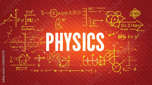 Scientific Physics Background with Equations and Diagrams on Red Canvas