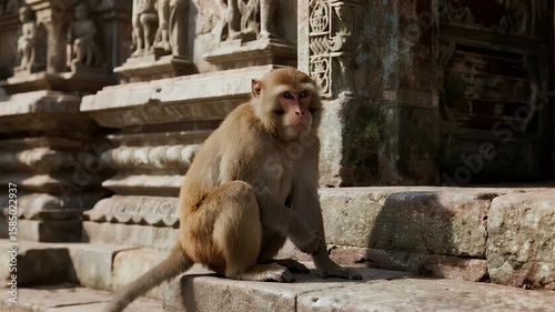 Curious Monkey Observes Ancient Temple, Wildlife in Natural Habitat.