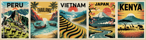 Set of retro mid-century modern travel posters featuring exotic destinations like Peru, Machu Picchu, Thailand, Vietnam, Japan, and Kenya. Bold silhouettes, vibrant colors, dynamic designs.