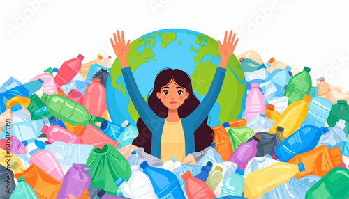 A woman surrounded by plastic waste, symbolizing environmental pollution and the need for recycling.