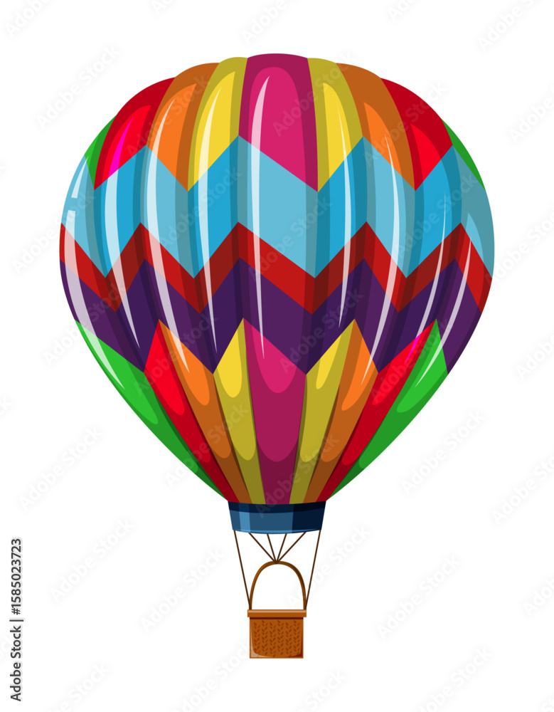 Naklejka premium Soaring Spectrum: A vibrant hot air balloon with a colorful, eye-catching design, floating gracefully against a clear sky. Embracing a sense of freedom and adventure.