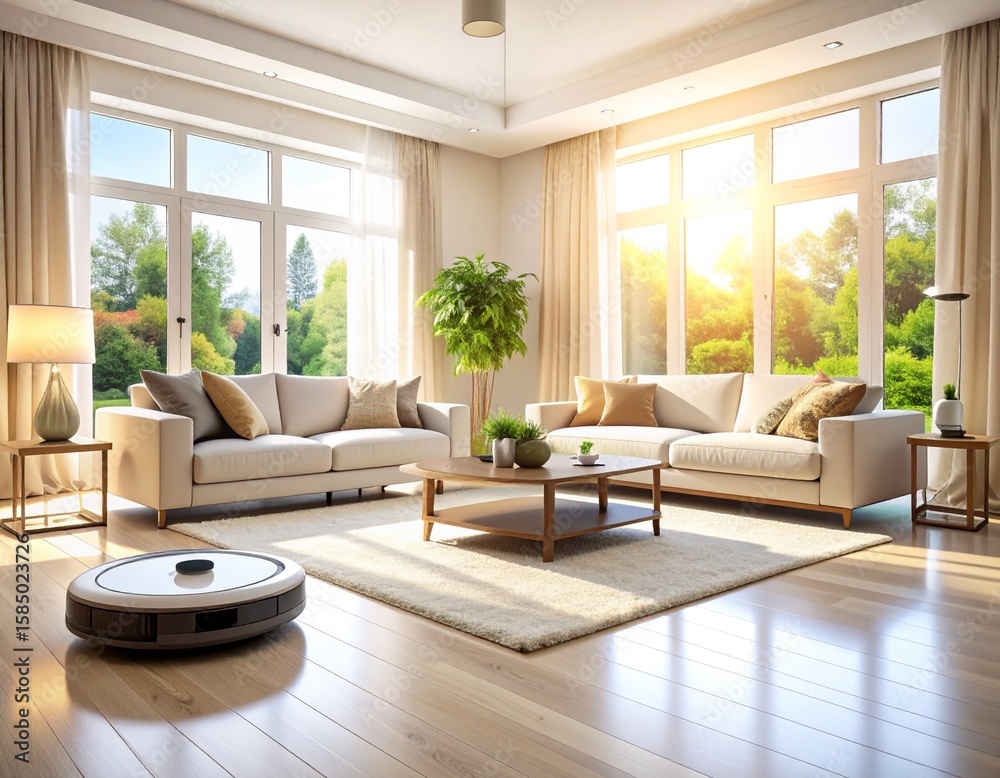 Fototapeta premium A spacious and luxurious living room bathed in natural sunlight, featuring modern plush furniture and a robotic vacuum cleaner at work. A perfect blend of elegance and smart technology.