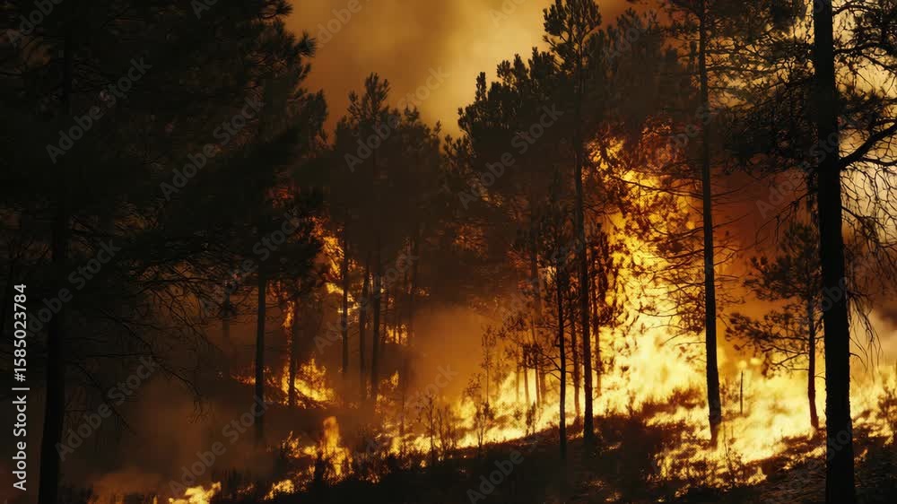 Flames consume trees in a forest, highlighting the danger and impact of ...