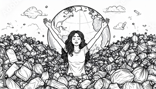 Woman surrounded by trash, arms raised towards a large globe, depicting environmental concern and pollution.