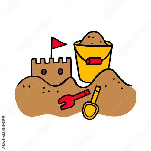 Sandcastle Dreamscape: A whimsical sandcastle stands proudly next to a filled bucket and the tools, celebrating the joy of beach play. 