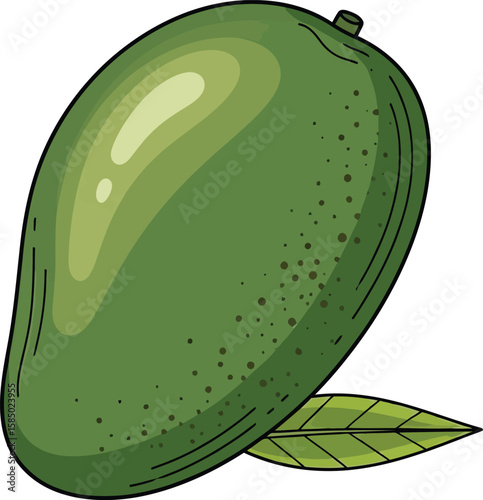A stylized illustration of a green mango with a single leaf, showcasing its smooth skin and elongated shape.