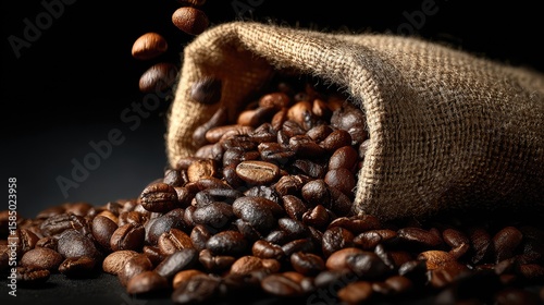 Coffee beans spilling from a burlap sack onto a black surface with dramatic lighting