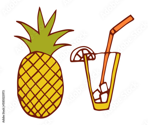 Tropical Refreshment: A delightful hand-drawn illustration of a pineapple and a refreshing drink, inviting viewers to savor a taste of the tropics.