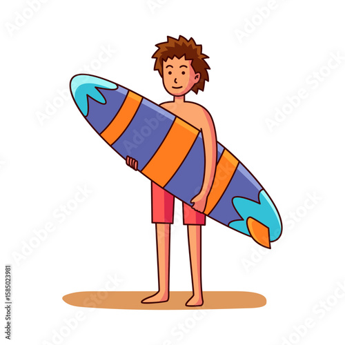 Ready for the Waves: An animated individual stands on a sandy surface, holding a surfboard, ready to embrace the adventure of surfing, embodying the thrill of surfing.