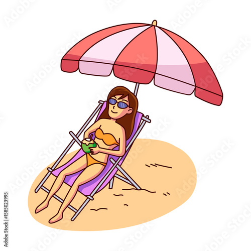 Summer Relaxation: A radiant woman in a bikini basks in the sun on a beach, reclining in a chair, sipping from a coconut. The image captures leisure and summer bliss.