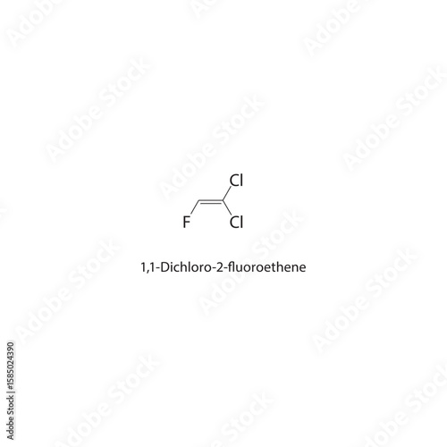 1,1-Dichloro-2-fluoroethene skeletal structure. halogen alkene compound schematic illustration. Simple diagram, chemical formula.