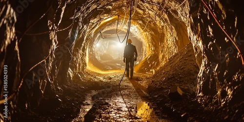 Miner Walking Through Underground Tunnel in Gold Mine