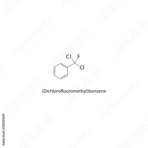 (Dichlorofluoromethyl)benzene skeletal structure. halogen benzene compound schematic illustration. Simple diagram, chemical formula.
